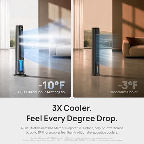 Image of DREO TurboCool Misting Fan 765S, Fans that Blow Cold Air, 10F Cooling, 34ft /s Fast Evaporative Air Cooler, 6L Tank, 20 dB Quiet DC Motor, 90 Tower Fan with 12 Speeds, 4 Modes for Home, Grey