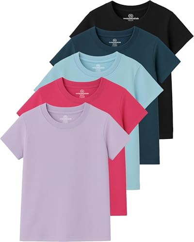 Image of Real Essentials 5 Pack: Girls' Cotton Short Sleeve Crew Neck T-Shirt - Athletic Tee Shirt for Teens Kids Youth (Ages 4-16)