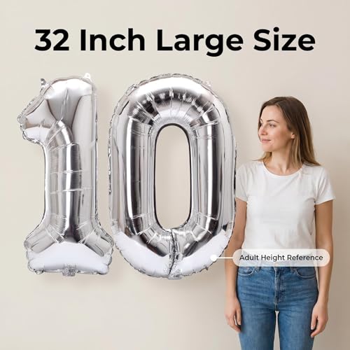 Image of Number 10 Balloon Foil Mylar Balloons for Birthday Party Decoration (Silver, 32 Inch)