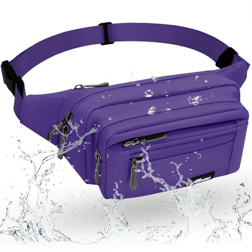 REETEE Riñonera Impermeable con 5 Cremallera Bolsillos, Riñoneras Hombre Mujer Moda Grande con Cinturón Ajustable para Viajes, Casual, Correr, Senderismo, Entrenamiento (A-Violet)