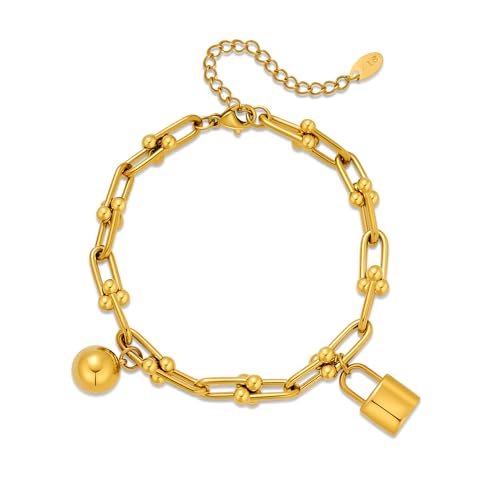 Chunky Gold Paperclip Bracelet for Women Lock Ball Pendant Charm Bracelet Adjustable