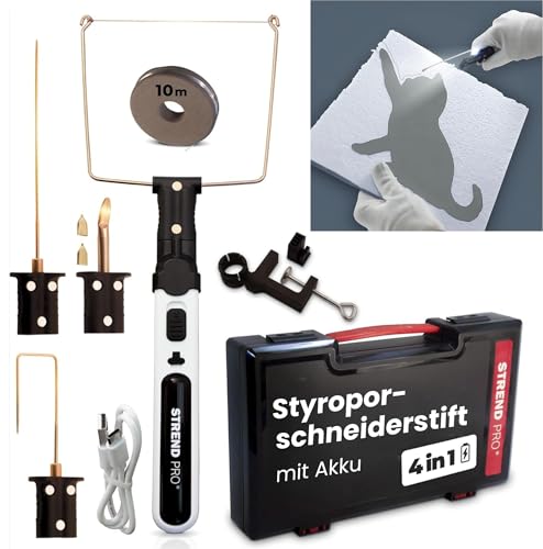 STREND PRO Styroporschneider heißdrahtschneider AKKU | 4-in1 Heißer Draht Styroporschneider 550°C für DIY-projekte | plastik koffer, USB-C, 10m Draht, messer adapters | Styropor schneider