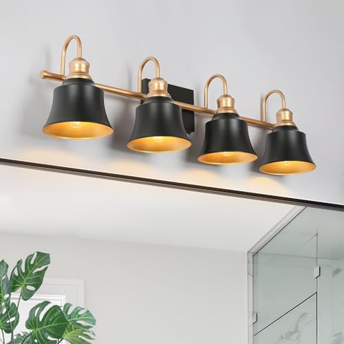 Image of KSANA Modern Bathroom Light Fixtures, Large 31 inch Black Vanity Lights Over Mirror 4 Light Farmhouse Bathroom Vanity Lighting for Bedroom, Kitchen, Living Room