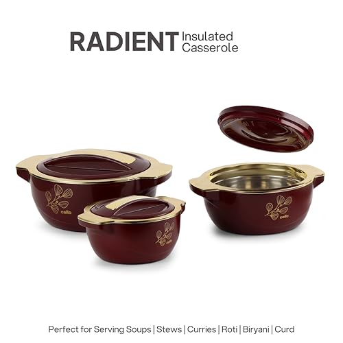 Image of CELLO Radiant Set of 3 Pcs Insulated Steel Casserole Hot Box For Kitchen, Burgundy (500ml, 1000ml, 1500ml) | Airtight Hot Pot Case Keeps Food Hot & Warm, Casserole Set For Roti Chapati Rice Biryani
