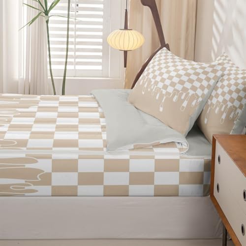 Image of Beige Tan Checkered Zipper Bedding Twin - 4 Piece Zip Up Comforter & Fitted Sheet Set with 2 Pillowcases, Bed in a Bag for Boys & Girls,Checkerboard Drip Grunge Aesthetic Geometric All Season