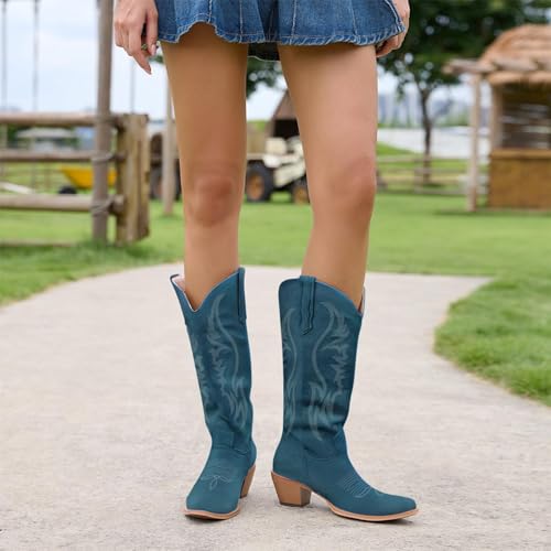 Image of KaroNairy Women Cowboy Boots Faux Suede Embroidered Pointed Thick Heeled Western Wide Calf Cowgirl Ponited Toe Mid Calf Boots