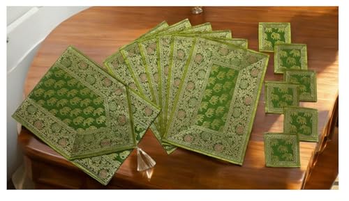 Image of Diwali Room Decor Silk Table Runner Placemats Tea Coaster Set for Living Room 4 to 6 Seater Dinning Table Table Mat Set Centre Table Top Decor Pack of 13 Pcs (Olive Green)