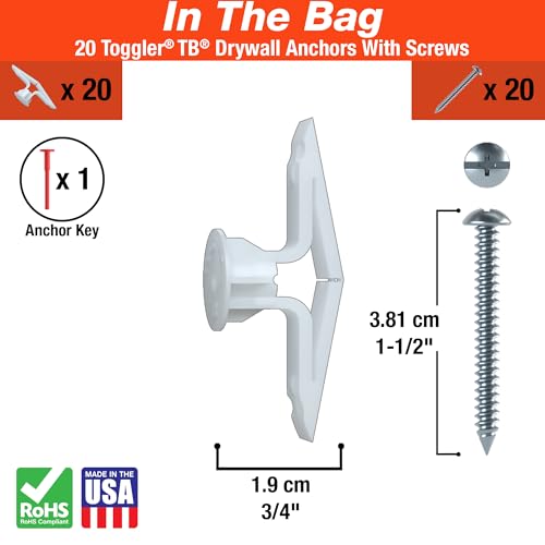 TOGGLER Toggle TB Residential Drywall Anchor with Screws, Polypropylene, Made in US, 3/8" to 1/2" Grip Range, For #6 to #14 Fastener Sizes (Pack of 20) - Image 2