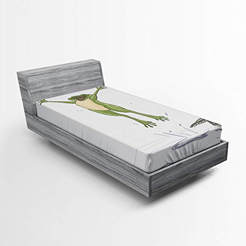 Ambesonne Frog Fitted Sheet, Frog Jumping in Excitement in The Water Happy Toad Freedom Relax Lifestyle Humor, Bed Cover with All-Round Elastic Deep Pocket for Comfort, Twin XL Size, Olive Green