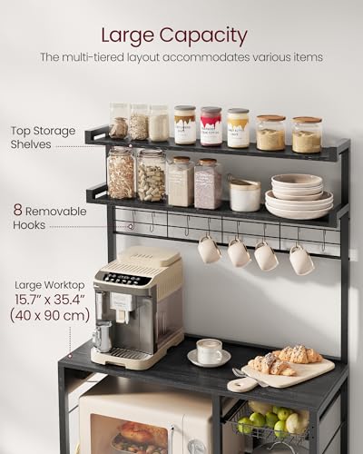 Image of VASAGLE Bakers Rack with Power Outlet, 35.4 Inches Microwave Stand, Coffee Bar, 4 AC Outlets, with Adjustable Shelves, 8 S-Hooks, Basket, Spice Racks, Charcoal Gray and Ink Black UKKS031B22