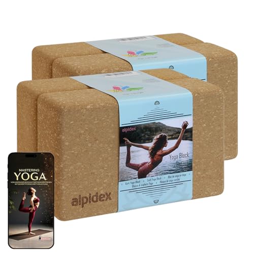 ALPIDEX Yogablock 2er oder 4er Set inkl. E-Book mit 100 Übungen Ökologisch Nachhaltig Naturkork aus Portugal Korkblock Yoga Pilates | 7 Jahre Garantie auf Material*, Größe:4 Stück - 23 x 14 x 7.5 cm