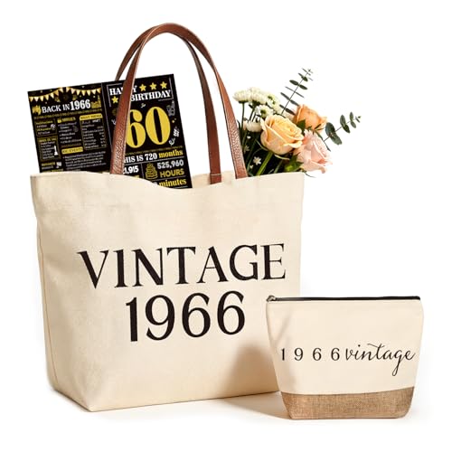 Vintage 1966 Gifts for Women 60th Birthday Gift Set Canvas Tote Bag with Leather Handles Makeup Pouch & Back in 1966 Card Gift for Her Turning 60