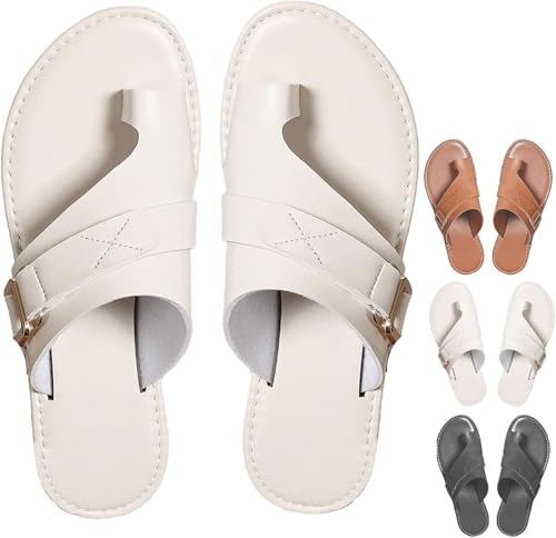 Yytcsjz Women Orthopedic Flip Flops Dressy Sandals With Open Toe Ring Loop Strap, Slip On Slide Slippers, Flat Leather Sandals For Women