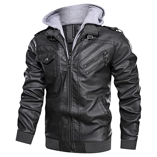 Chaqueta de cuero sintético para hombre con capucha removible miniatura 1