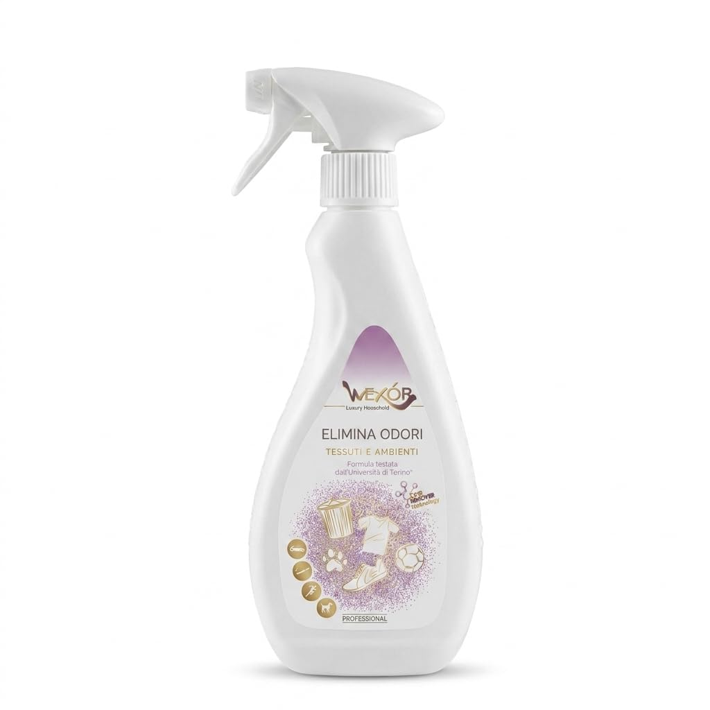 Spray Elimina Odori Wexòr per Tessuti e Ambienti, 500ml, Set Multiplo da 2, 4 o 6 Unità, Doppio Utilizzo, Erogatore Spray, Divani, Tende, Tappeti (6 Flaconi da 500ml)