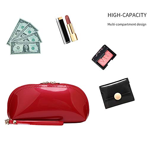 ZLMBAGUS Fashion Cosmetic Bag Patent Leather Makeup Pouch Wristlet Zipper Makeup Case Holder Coin Purse Clutch Red - Image 5
