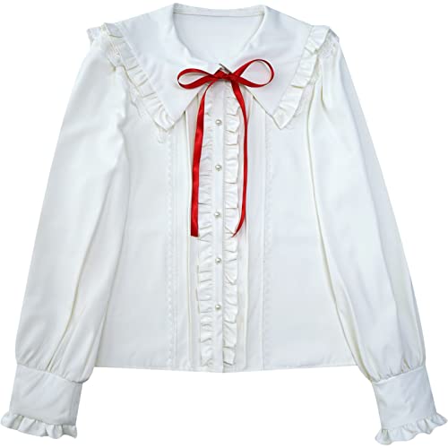 Lolita Women Ruffle Sailor Collar Blouse Shirt Kawaii Teen Bow Tie Cat Ears Fashion Button Front Junior Cute Tops