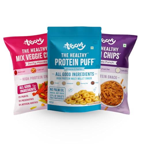 Image of Troovy Healthy Chips & Puff Value pack | Tasty & High Protein Snacks | 30% Of Protein Needs | No Palm Oil, Cholesterol or Trans Fats | No Junk & Chemicals | Mix Vegetable chips (Zesty Masala , 70gm x 1) | Ragi Chips (Masala Punch, 70gm x 1) | Protein Puffs (Cheese & Herbs, 80gm x 1)
