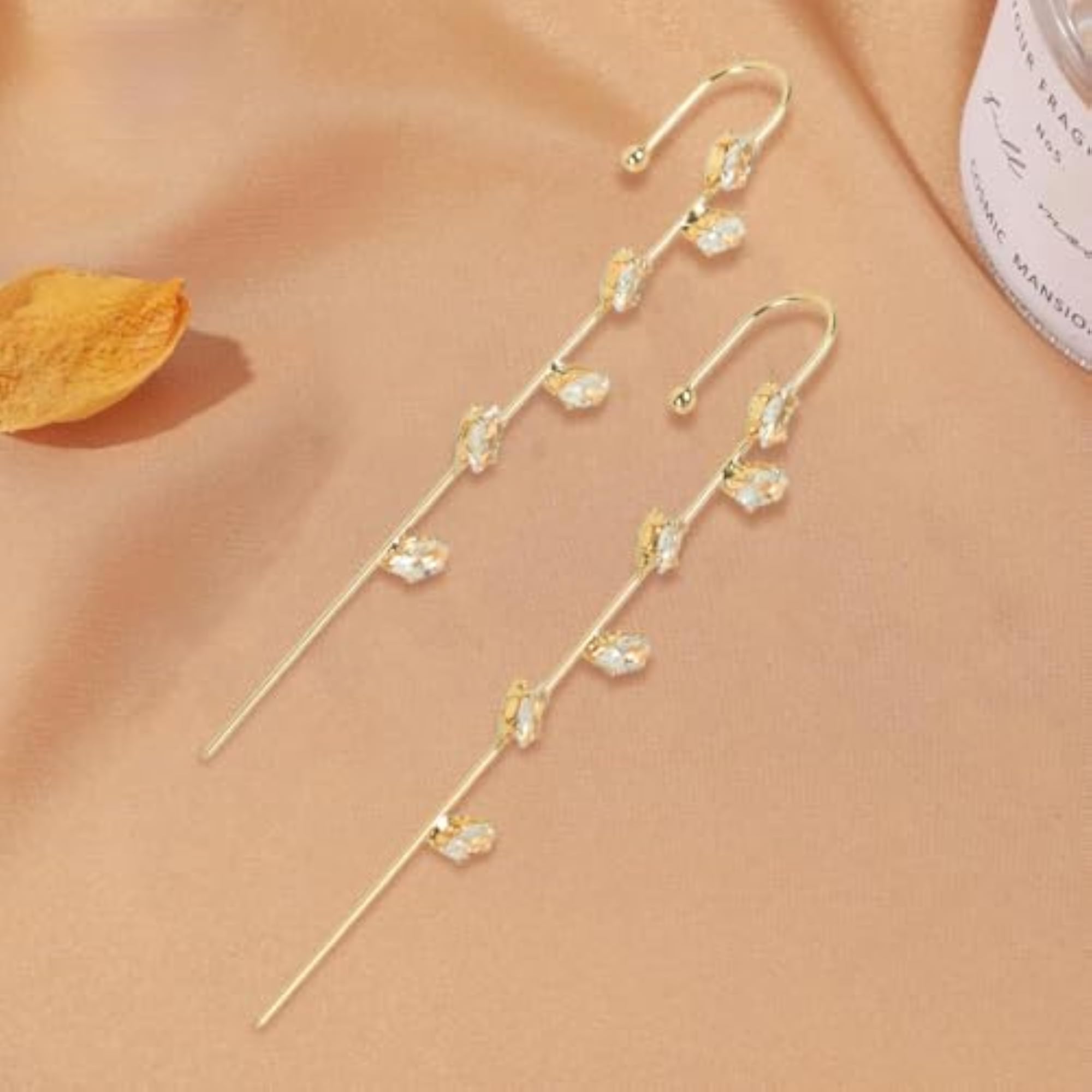 Women's Gold Crystals Needle Earcuff Earrings, 2 Pcs