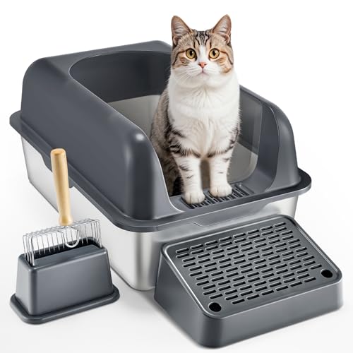 Arenero para gato de acero inoxidable XL con tapa y pala miniatura 1