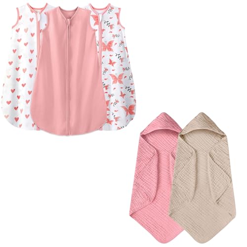 Image of Yoofoss Baby Sleep Sack 6-12 Months Pink & Heart & Butterfly & Hooded Baby Towels Beige & Bean Paste