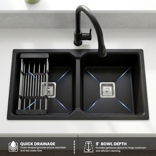 Image of GLOXY Premium Quartz Granite Double Bowl Kitchen Sink 37x18x9 Inches - Scratch Resistant Double Bowl Sink with Black Matte Finish - Undermount & Topmount Sink With Drainer Basket Coupling Hose Pipe