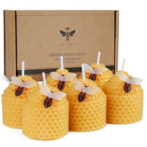 DEYBBY Natural Beeswax Candles Set of 6, Small Bee Votive Candles with Little Bee Decorations as Gift (Yellow)