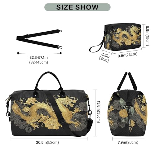 Gold Japanese Dragon Blossom Large Travel Duffle Bag Weekender Overnight Bags Gym Yoga Bag for Women Men with Toiletry Bag3