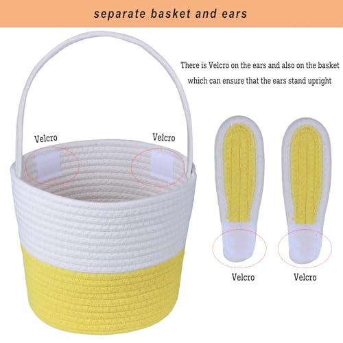 Image of Easter Basket, Empty Easter Baskets for Kids Boys Girls with Bunny Tag Egg Basket Eater Gifts Basket Toddler Teens Babys First Easter Basket with Handle Yellow