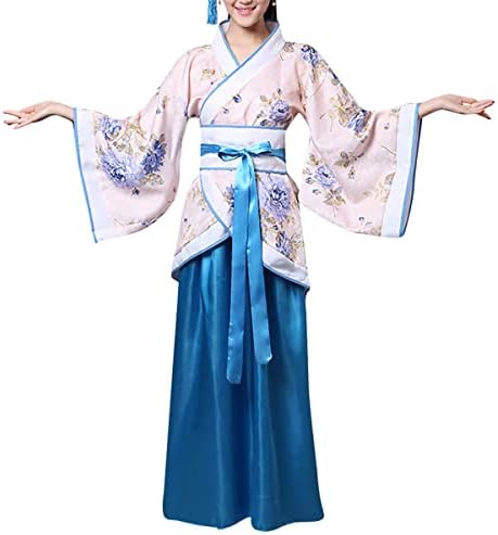 Women's Chinese Hanfu Dress Ancient Traditional Costume Outfit Stage Performance Wear (2# Floral Top+Blue Skirt, L)