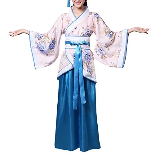 QYUU Women's Chinese Hanfu Dress Ancient Traditional Costume Outfit Stage Performance Wear (2# Floral Top+Blue Skirt, L)