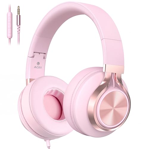 Wired Over-Ear Headphones with Microphone Foldable Pink Headset with Passive Noise Isolating Comfort Protein Leather Earcups for Teens Women Girls 3.5mm Jack Laptop Headphones for School Work
