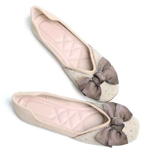Image of SAILING LU Women's Rhinestone Square Toe Bowknots Ballet Flats Loafers