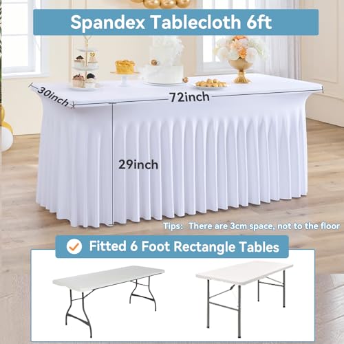 Image of NSSONBEN 2 Pack White Spandex Tablecloth 6ft with Pleats Skirt, Wrinkle Free High Stretch Fitted Tablecloths for 6 Foot Rectangle Tables, Elastic Spandex Table Covers 6ft for Parties Weddings Banquet