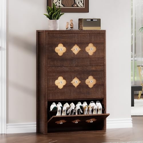 Image of GarveeHome Shoe Storage Cabinet with 3 Flip Drawers & Adjustable Shelves | Floral Pattern, Shoe Cabinet for Entryway, Hallway, Living Room, Narrow Wooden Shoe Cabinet, Brown