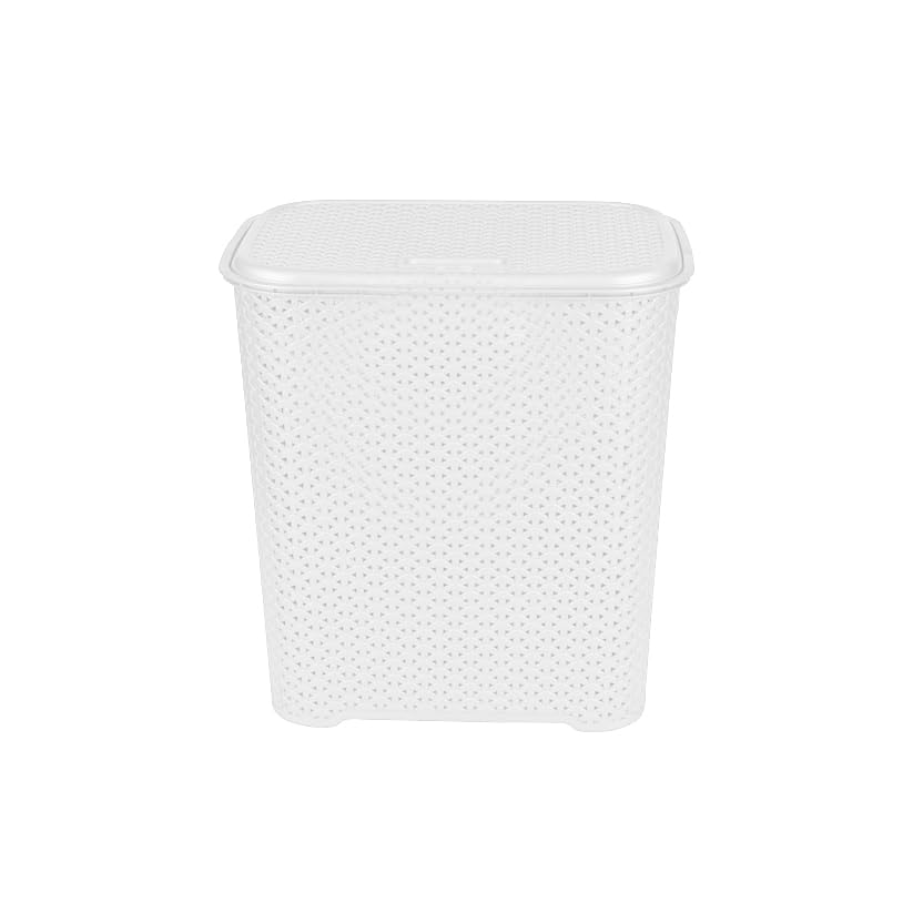 White - 45L Litre Plastic Laundry Basket Small Knit Design Drop All Dirty Clothes Washing Storage Hamper with Integral Handles & Lid Ideal for Laundry Room, Bathroom, Bed Room