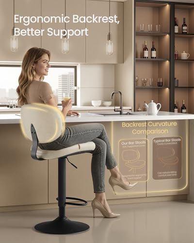 Image of VASAGLE Bar Stools Set of 4, Height Adjustable Kitchen Barstools, Swivel Bar Chairs with Back and Footrest, Quilt PU Leather Surface, Dining Room, Counter, Steel, Cream White ULJB150W101S-2J