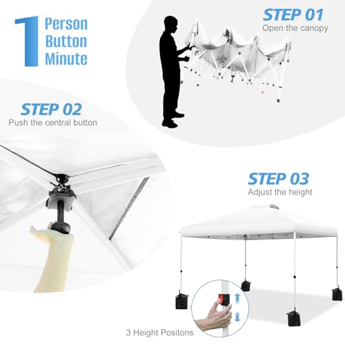 WEIZE Pop up Canopy Tent 10x10ft, 1-Button Push Setup, Instant Portable Shelter, Adjustable Height, Portable Roller Bag, 4 Weight Bags, Guy Ropes & Stakes Included, White