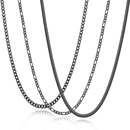 Zocomi Black Chain Necklaces for Men, Stainless Steel Cuban Figaro Herringbone Link Chains Set Mens...