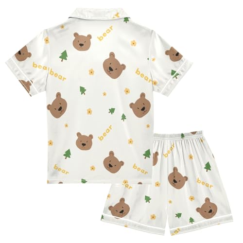 Cute Little Cartoon Bears Summer Satin Pajama Set, Cute Button-Down Sleepwear Pj Set for Sleep Wears2