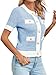 Langwyqu Womens Short Sleeve Button Down Cardigans Sweater Cropped Lightweight Crew Neck Elegant Tops Blue
