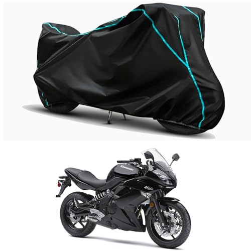 Image of Waterproof Bike Body Cover Compatible for | KawasaNinja 650R | Taffeta Fabric, Sky Piping Design, Bottom Elastic Fit | Dustproof, Sun UV & Rain Protection for All Weather.