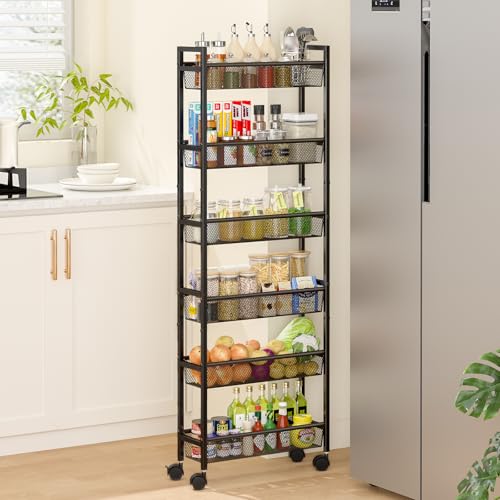 ThreeHio 6 Tier Slim Storage Cart, Narrow Cart with Wheels, Metal Mobile Shelving Unit Organizer for Kitchen, Bathroom, Laundry Room, Living Room & Narrow Spaces, Black, 6in(W)
