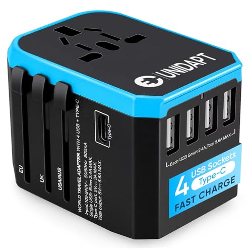Universal Travel Adapter for Europe and International Travel from USA, Type C EU/Type G UK/Type I AU/Type A US, 1 AC Outlet, 1 USB-C and 4 USB-A Ports, Unidapt Travel Plug Adapter