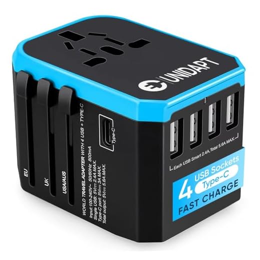 Universal Travel Adapter, Unidapt International Plug Adapter, 5.6A Smart Power 3.0A 4 USB 1 Type C, Power Adapter Travel Charger, Outlet Converter Worldwide US to Europe EU AU UK USA(Type C/G/A/I)