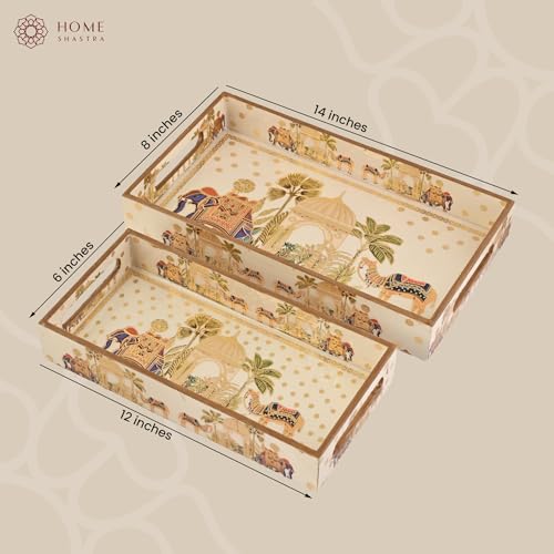 Image of Wooden Serving Tray with Gold Engraving | Set of 2 | Size : 14 x 8 inch & 12 x 6 inch | Enamel Coated Waterproof | Rectangular | Decorative Trays | Royal Camel Medium & Small