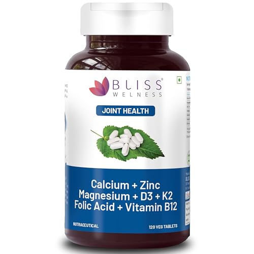 Image of Bliss Welness Calcium Magnesium Zinc Vitamin D3 K2 & B12 Folic Acid | Joint Support Bone Strength Pain Relief Ortho Care | For Men & Women Health Supplement - 120 Vegetarian Tablets.