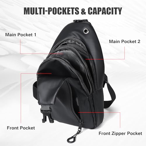 Sling Bag for Men, Waterproof Chest Pack with USB Charging Port and Headphone Hole, Adjustable Left/Right Shoulder Crossbody Bag for Travel, Sport, Hiking, Running,Black4