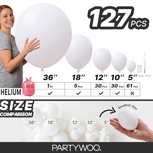 Image of PartyWoo White Balloons 127pcs Different Sizes Pack of 36 18 12 10 5 Inch White Latex Balloon Arch Kit Garland for Wedding Bridal Shower Graduation Baby Shower Birthday Party Decorations White-Y13