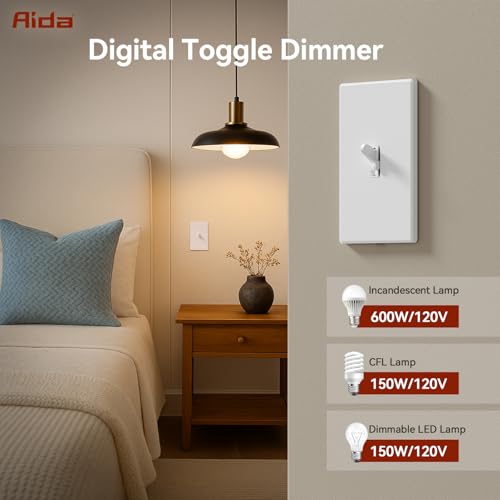 Image of AIDA Digital Toggle Dimmer Switch for Dimmable LED, CFL & Incandescent Bulbs, Single Pole /3-Way, Screwless Wall Plate Included, UL Listed, No Neutral Wire Needed, Matte White (1 Pack)